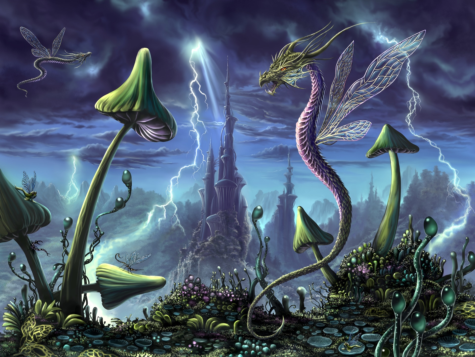 Happy woman hiker in a misty forest